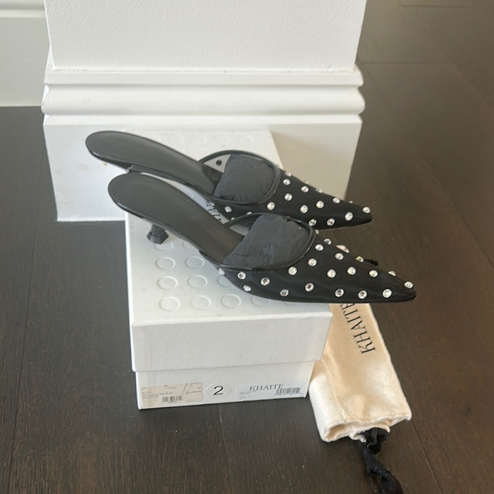 NWT! KHAITE Minna Black Studded Mules with Kitten Heel size 39